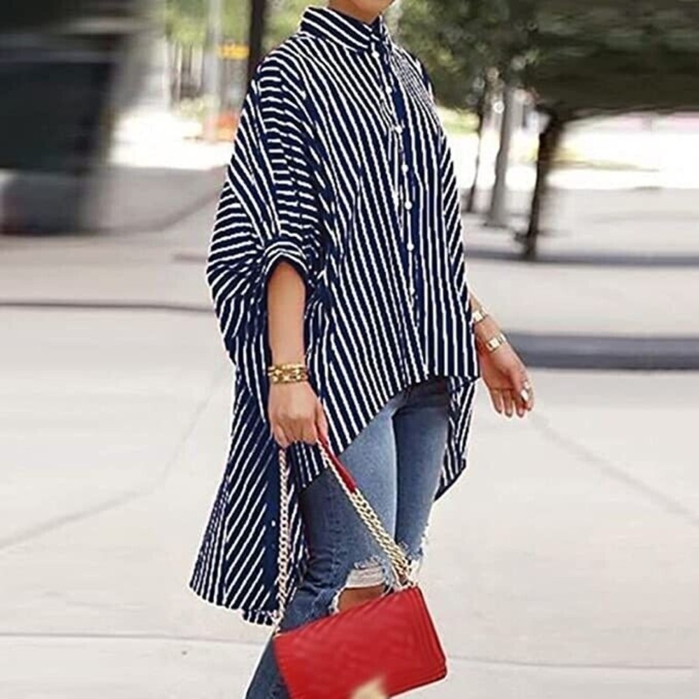 Feng Hu Striped Hi Lo Oversized Button Shirt Women Size Medium NWT